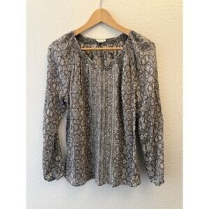 Garnet Hill S Gray Green White Print 100% Silk Long Sleeve Blouse Size S Tunic